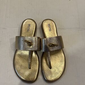 Michael Kors MK Cindy Gold Leather Sandals Slide Sz 8.5